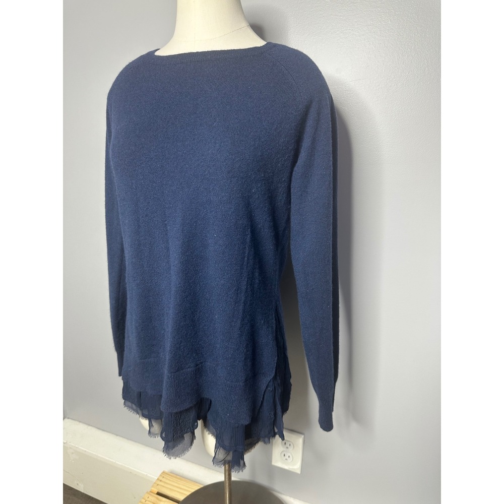 Garnet Hill Navy Blue 100% Cashmere Layered Chiffon Hem Sweater Small RN102816
